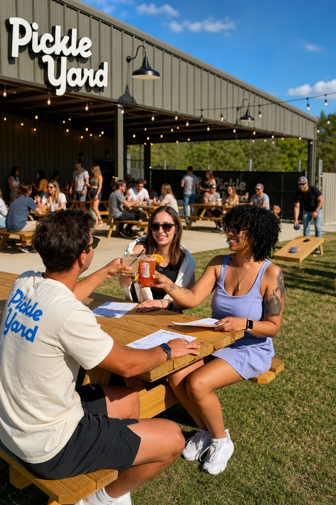 Outdoor social gathering at Pickle Yard